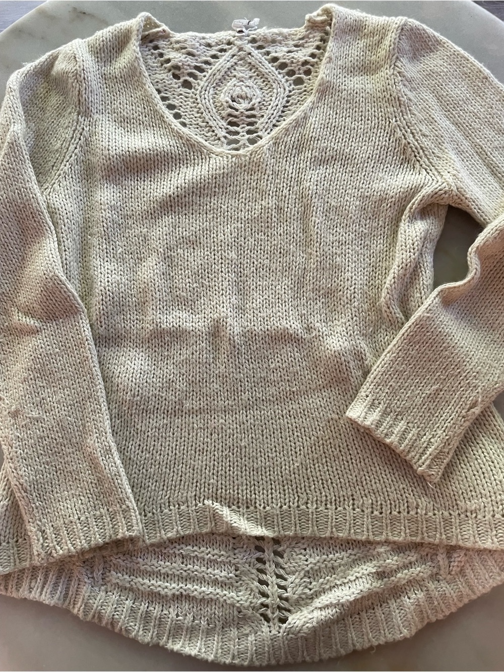 Willow & Clay Cream V-Neck Knit Sweater with Lace Inset